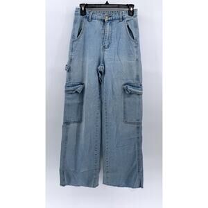 SHEIN Women's Light Blue Denim Baggy Fit High-Rise Cargo Carpenter Jeans SZ 2